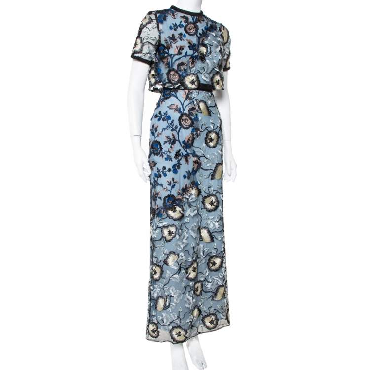 Pre Owned Self Portrait Blue Floral Embroidered Layered Florentine Maxi Dress M