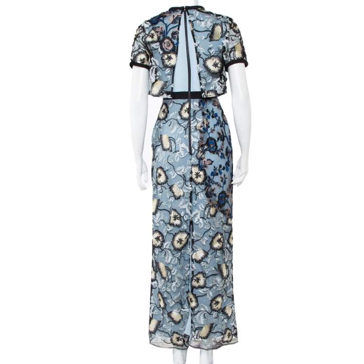 Pre Owned Self Portrait Blue Floral Embroidered Layered Florentine Maxi Dress M