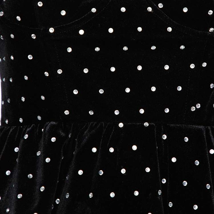 Pre Owned Self-Portrait Black Velvet Crystal Embellished Asymmetrical Top S 