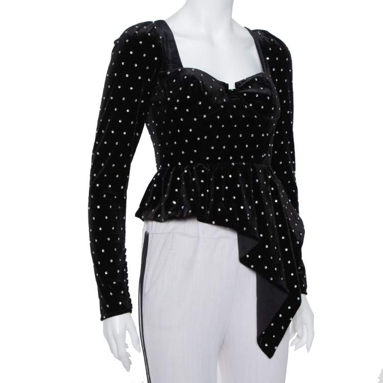 Pre Owned Self-Portrait Black Velvet Crystal Embellished Asymmetrical Top S 