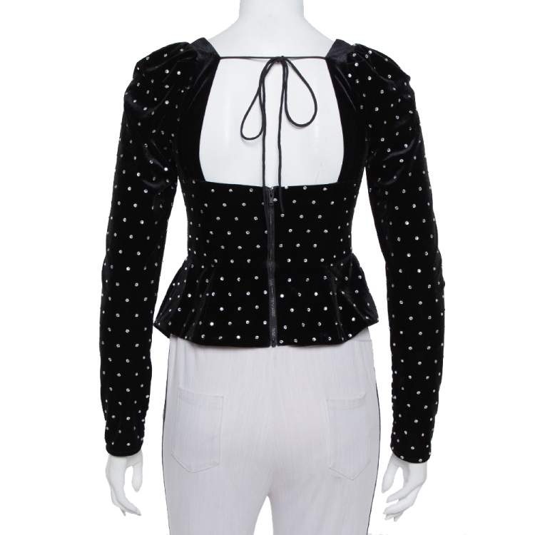 Pre Owned Self-Portrait Black Velvet Crystal Embellished Asymmetrical Top S 