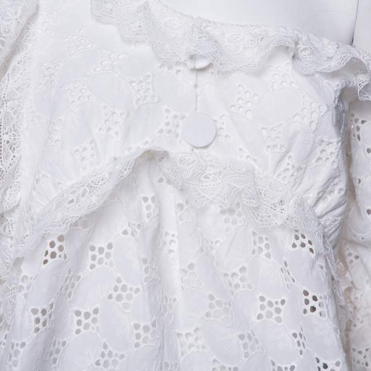 Pre Owned Self-Portrait White Leaf Broderie One Shoulder Anglaise Top M