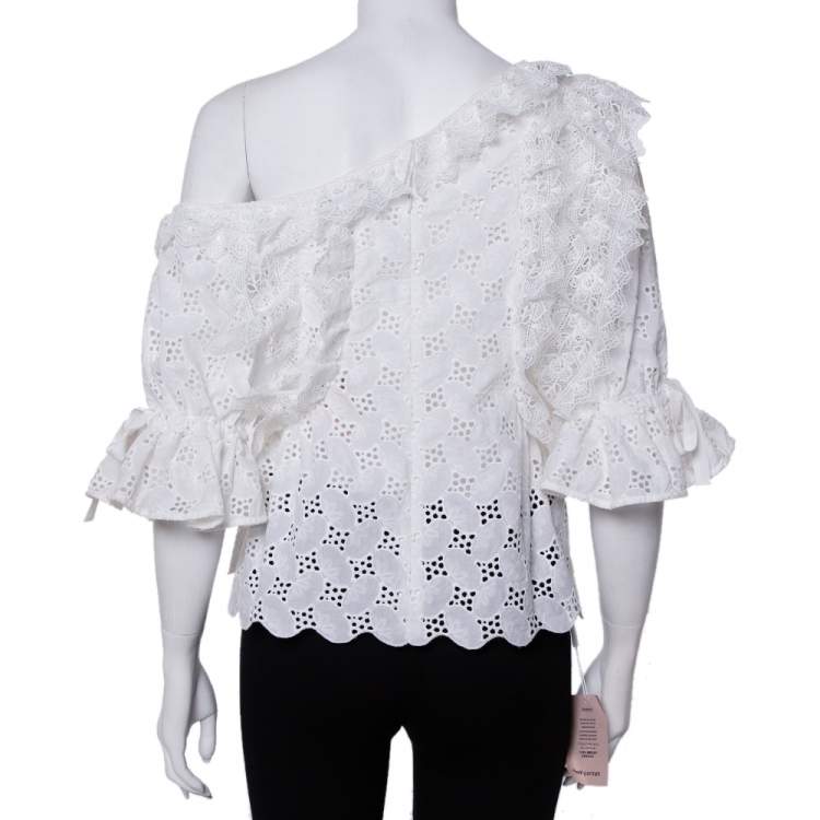 Pre Owned Self-Portrait White Leaf Broderie One Shoulder Anglaise Top M
