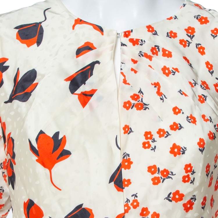 Pre Owned Self-Portrait Cream Floral Printed Silk Satin Midi Dress M