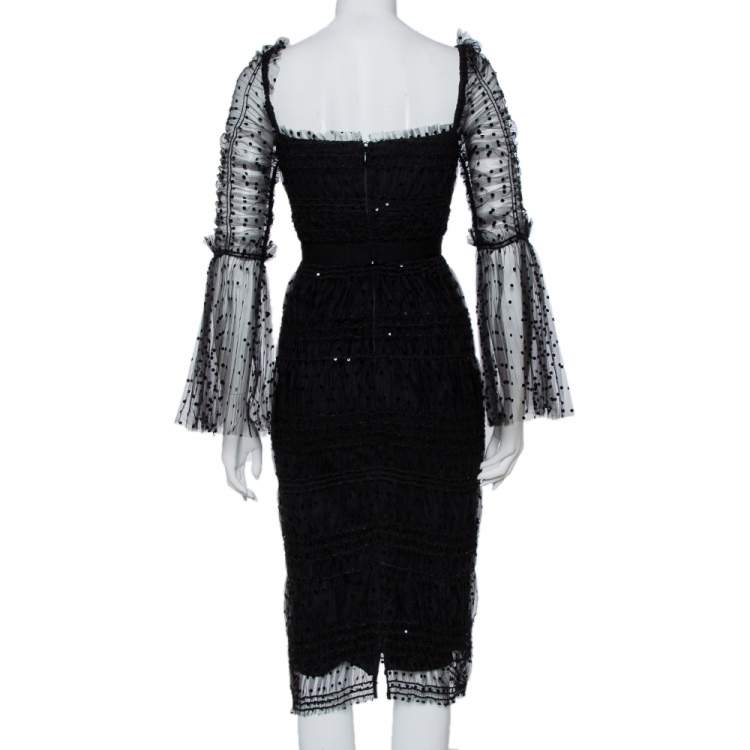 Pre Owned Self-Portrait Black Polka Dot Tulle Sequin Embellished Ruched Midi Dress S