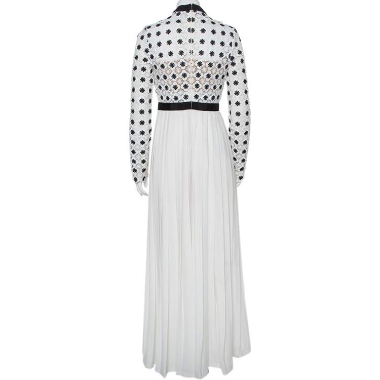Pre Owned Self Portrait Monochrome Lace & Pleated Crepe High Neck Maxi Dress M