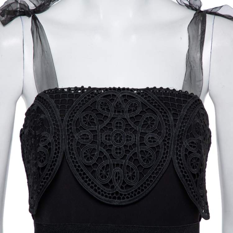 Pre Owned Self-Portrait Black Crepe Lace Tie Shoulder Detail Midi Dress S