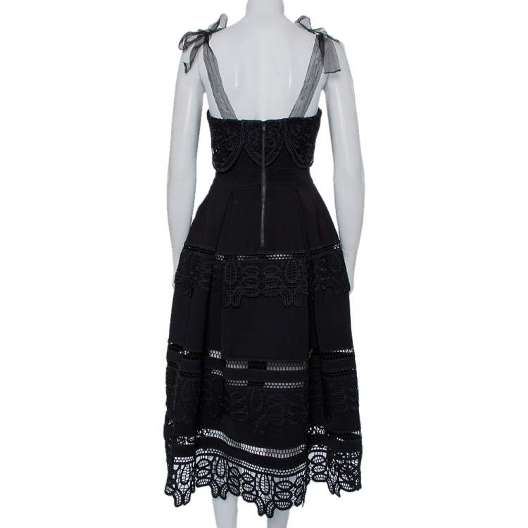 Pre Owned Self-Portrait Black Crepe Lace Tie Shoulder Detail Midi Dress S