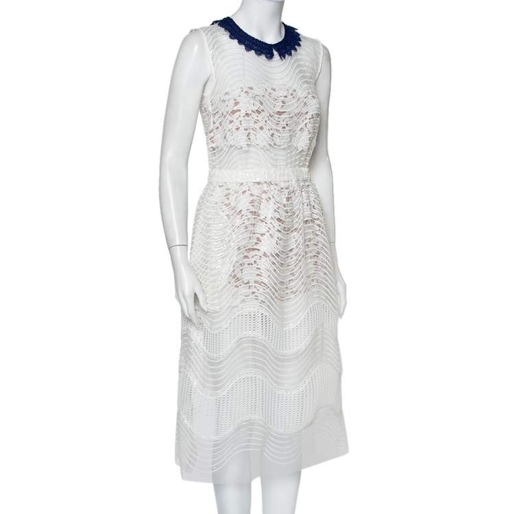 Pre Owned Self-Portrait White Sequined Lace Romper Detail Sleeveless Midi Dress M