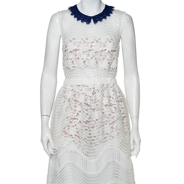 Pre Owned Self-Portrait White Sequined Lace Romper Detail Sleeveless Midi Dress M