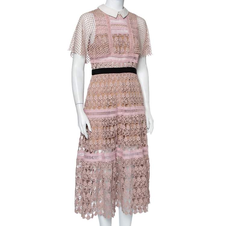 Pre Owned Self-Portrait Pale Pink Guipure Lace Cape Sleeve Detail Collared Midi Dress M