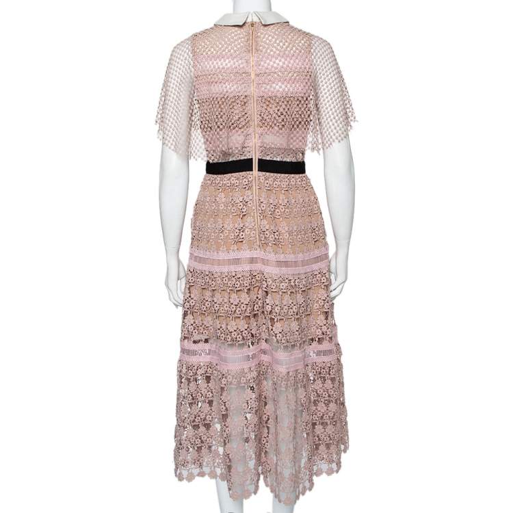 Pre Owned Self-Portrait Pale Pink Guipure Lace Cape Sleeve Detail Collared Midi Dress M