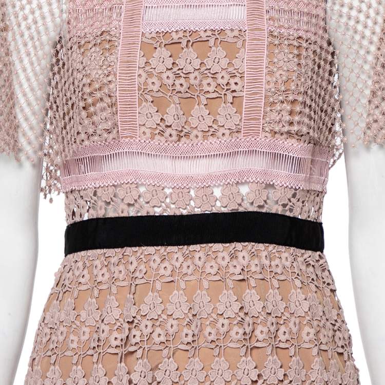 Pre Owned Self-Portrait Pale Pink Guipure Lace Cape Sleeve Detail Collared Midi Dress M