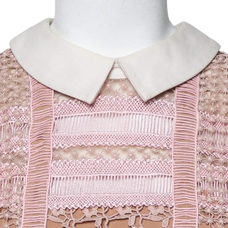 Pre Owned Self-Portrait Pale Pink Guipure Lace Cape Sleeve Detail Collared Midi Dress M