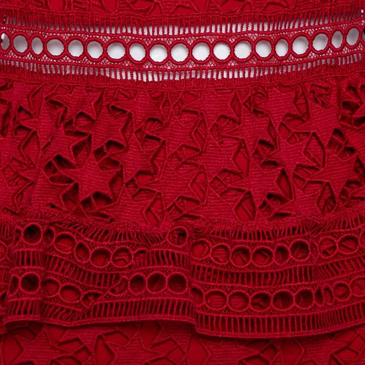 Pre Owned Self-Portrait Burgundy Guipure Star Lace High Neck Tiered Mini Dress S
