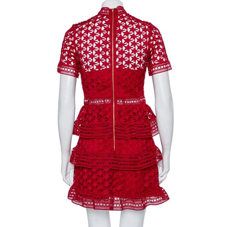 Pre Owned Self-Portrait Burgundy Guipure Star Lace High Neck Tiered Mini Dress S