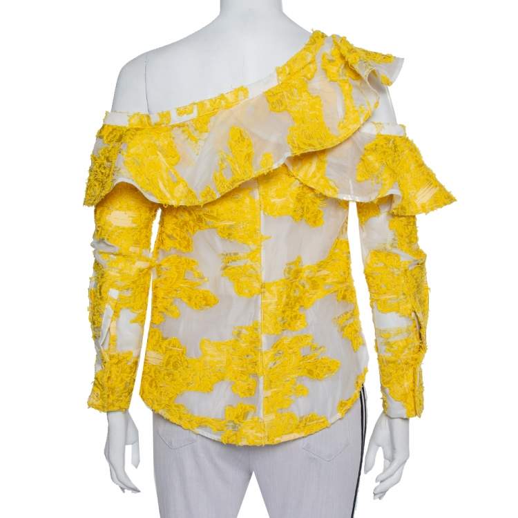 Pre Owned Self Portrait White & Yellow Fil Coupe Ruffled Off Shoulder Detail Top S