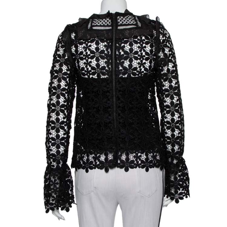 Pre Owned Self-Portrait Black Guipure Lace Ruffle Trim Detail Sheer Adeline Top S