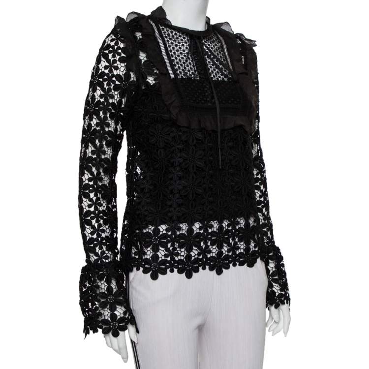 Pre Owned Self-Portrait Black Guipure Lace Ruffle Trim Detail Sheer Adeline Top S