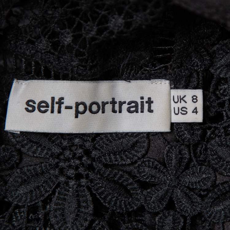 Pre Owned Self-Portrait Black Guipure Lace Ruffle Trim Detail Sheer Adeline Top S