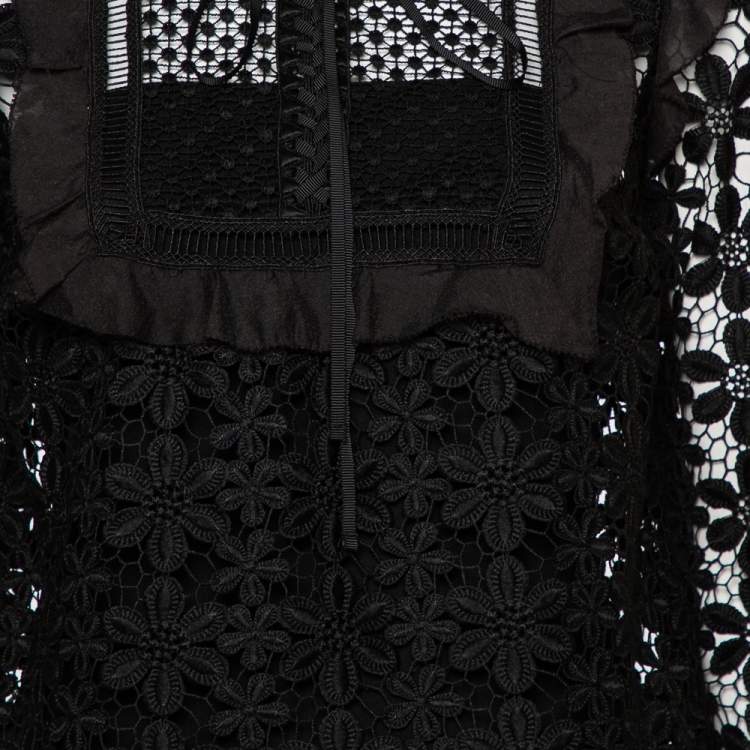 Pre Owned Self-Portrait Black Guipure Lace Ruffle Trim Detail Sheer Adeline Top S