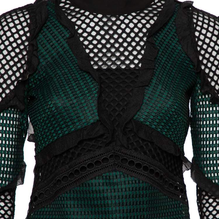 Pre Owned Self Portrait Green & Black Mesh Ruffle Trim Detail Top S