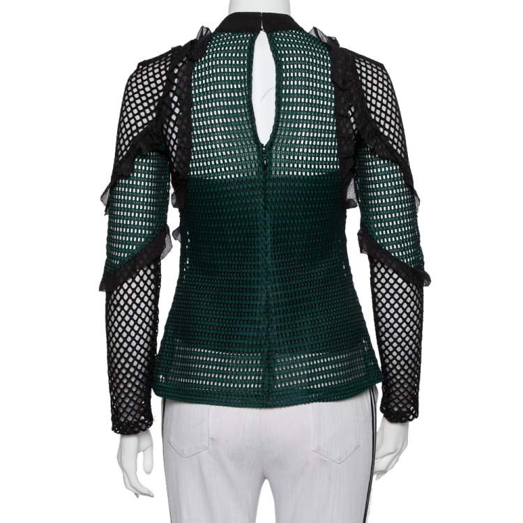 Pre Owned Self Portrait Green & Black Mesh Ruffle Trim Detail Top S