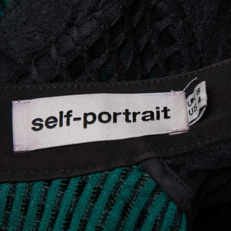 Pre Owned Self Portrait Green & Black Mesh Ruffle Trim Detail Top S