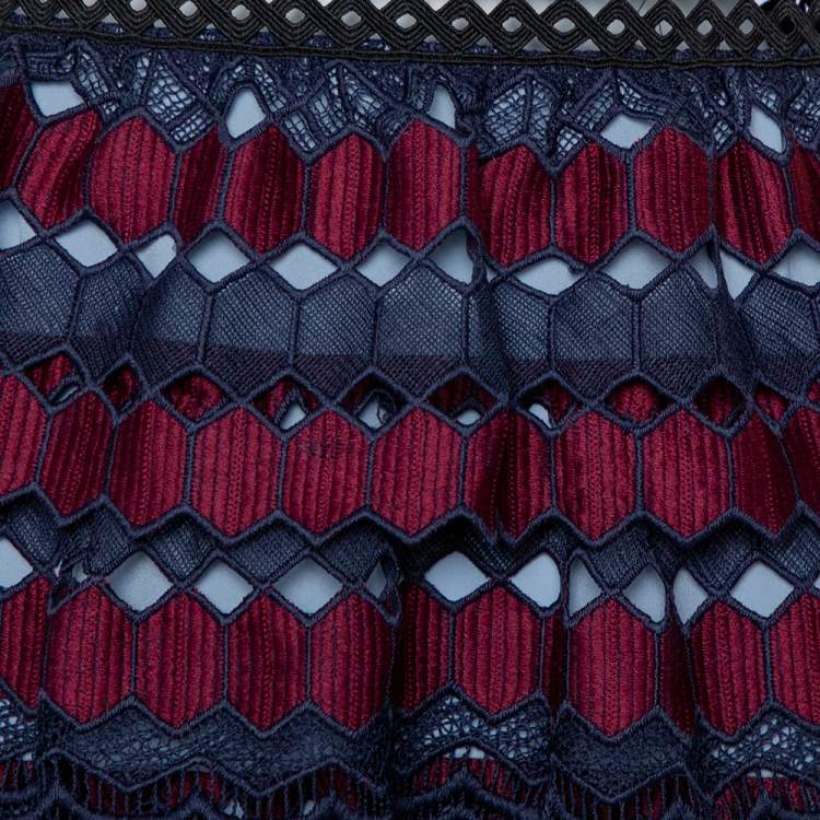 Pre Owned Self Portrait Navy Blue & Burgundy Guipure Lace Tiered Mini Dress L
