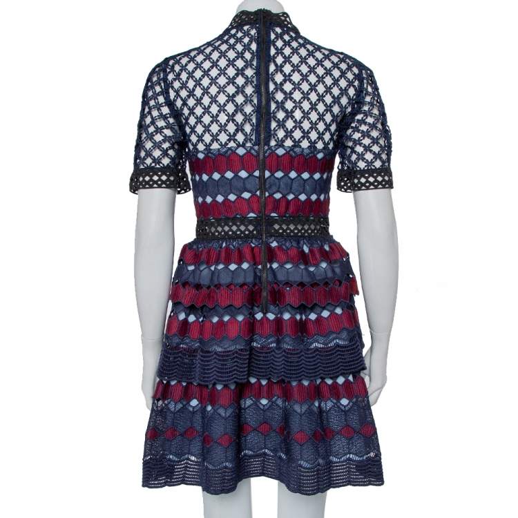 Pre Owned Self Portrait Navy Blue & Burgundy Guipure Lace Tiered Mini Dress L