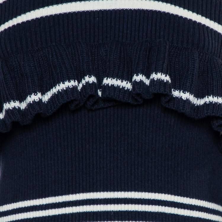 Pre Owned Self-Portrait Navy Blue Rib Knit Ruffled Cold Shoulder Dress M