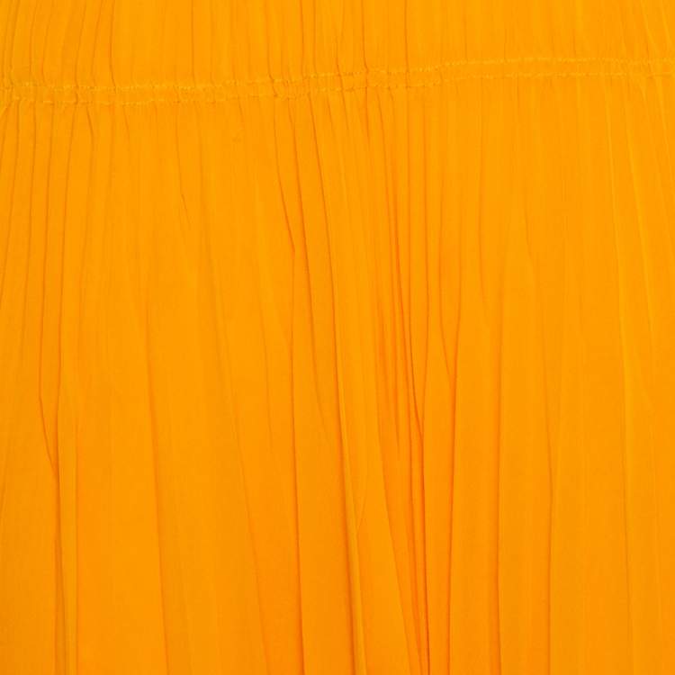 Pre Owned Self Portrait Orange Pleated Chiffon Lace trim Detail Off Shoulder Dress M