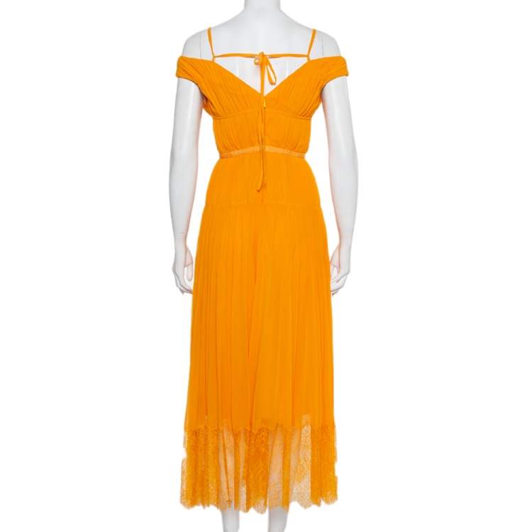 Pre Owned Self Portrait Orange Pleated Chiffon Lace trim Detail Off Shoulder Dress M