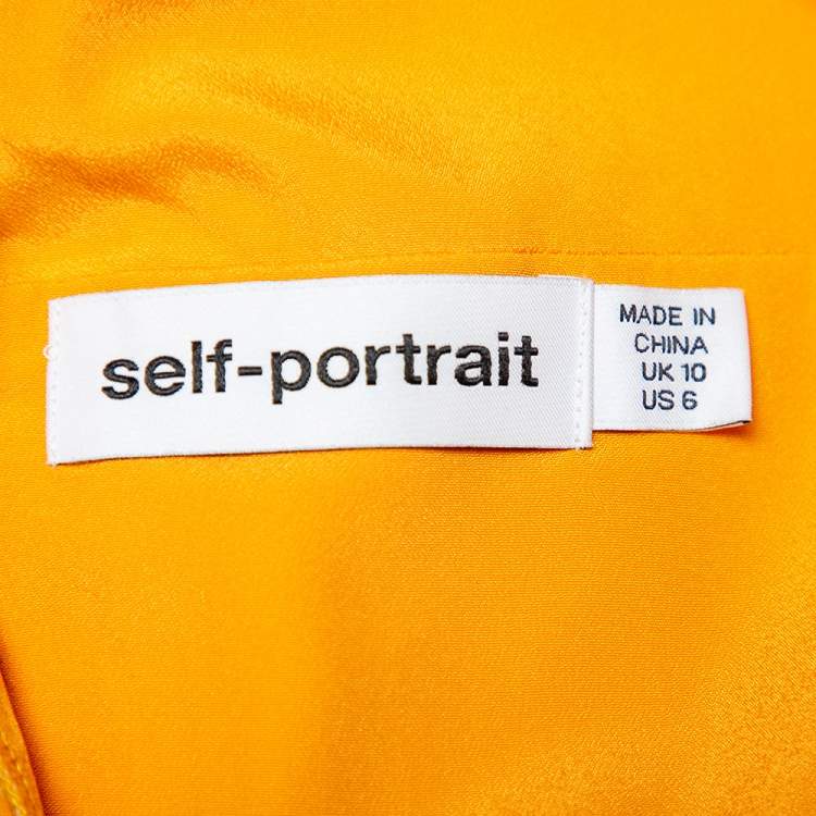Pre Owned Self Portrait Orange Pleated Chiffon Lace trim Detail Off Shoulder Dress M