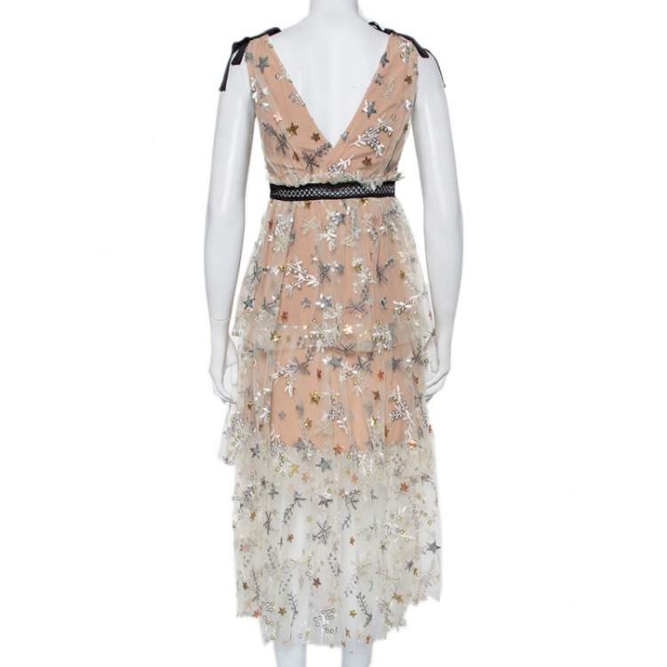 مملوكة مسبقًا Self-Portrait Beige Embroidered Tulle Plunge Neck Tiered Midi Dress S