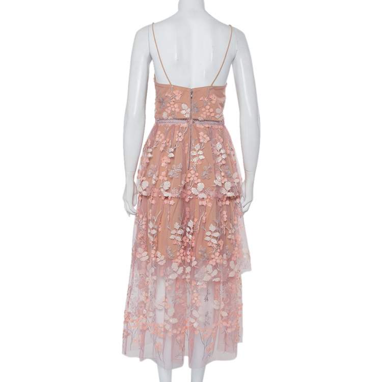 Pre Owned Self Portrait Light Pink Floral Sequin Embellished Tulle Tiered Midi Dress M