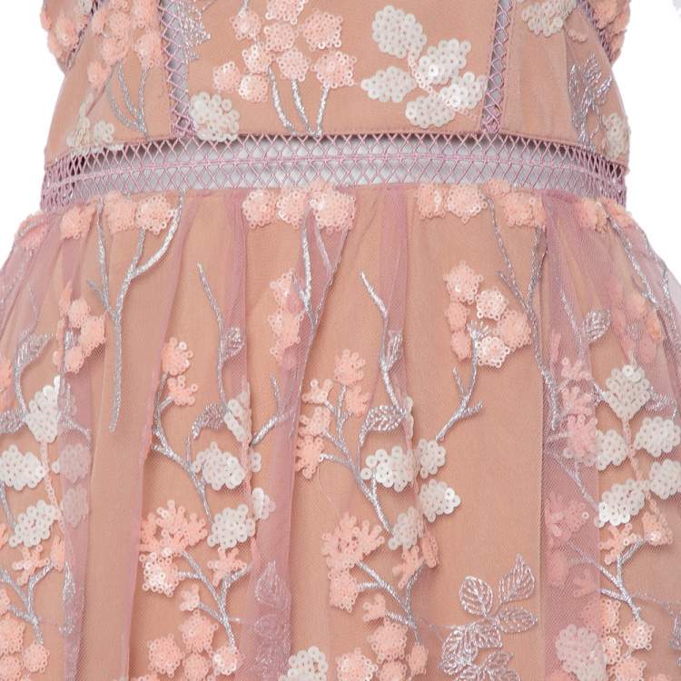 Pre Owned Self Portrait Light Pink Floral Sequin Embellished Tulle Tiered Midi Dress M
