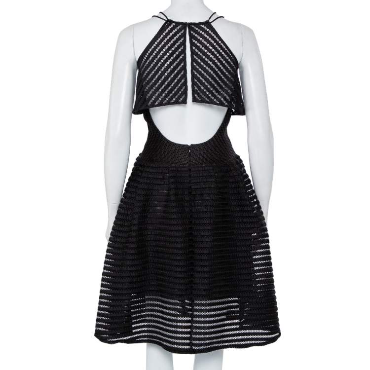 Pre Owned Self-Portrait Black Mesh Overlay Detail Flared Dress S