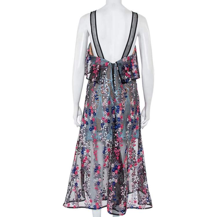 Pre Owned Self Portrait Black Embroidered Tulle Sleeveless Midi Dress M