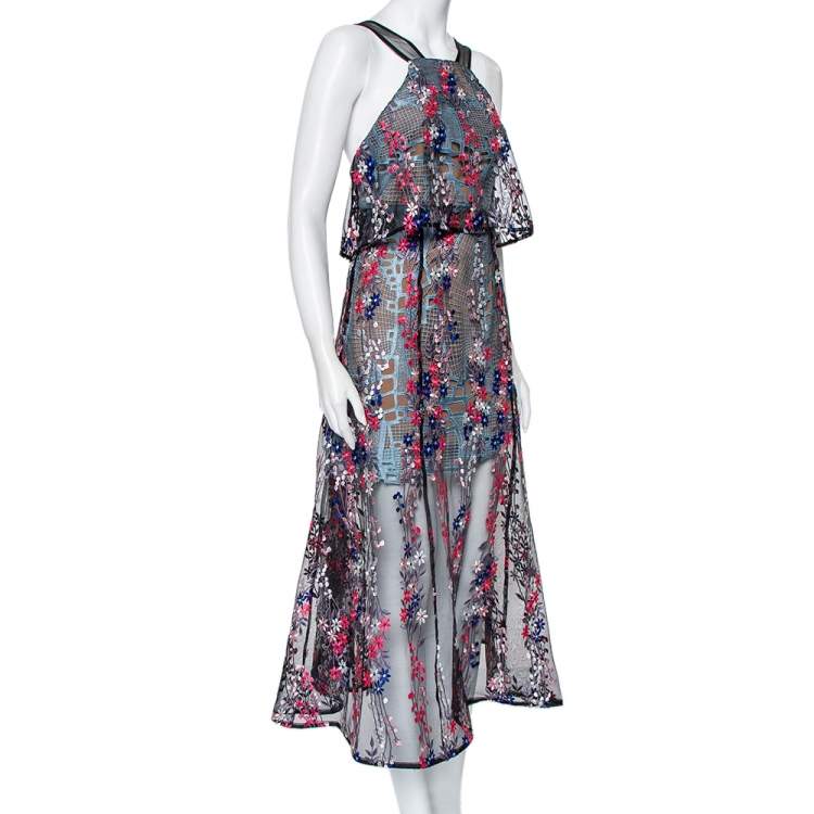 Pre Owned Self Portrait Black Embroidered Tulle Sleeveless Midi Dress M