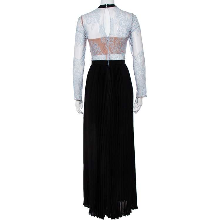 Pre Owned Self-Portrait Blue Lace & Black Pleated Crepe Applique Detail Moni Maxi Dress S