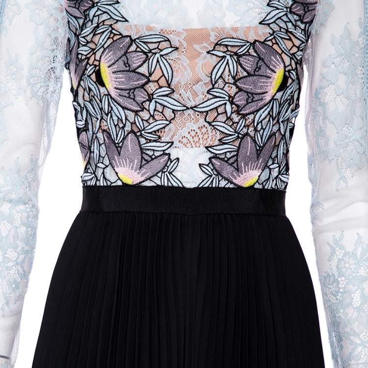 Pre Owned Self-Portrait Blue Lace & Black Pleated Crepe Applique Detail Moni Maxi Dress S