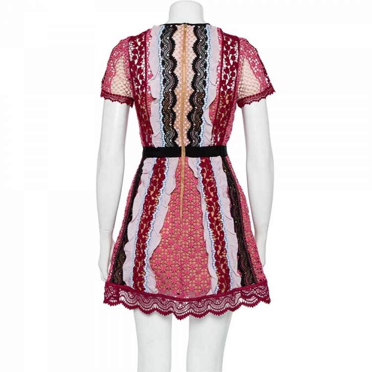 Pre Owned Self Portrait Multicolor Guipure Lace Ruffle Detail Mini Dress S