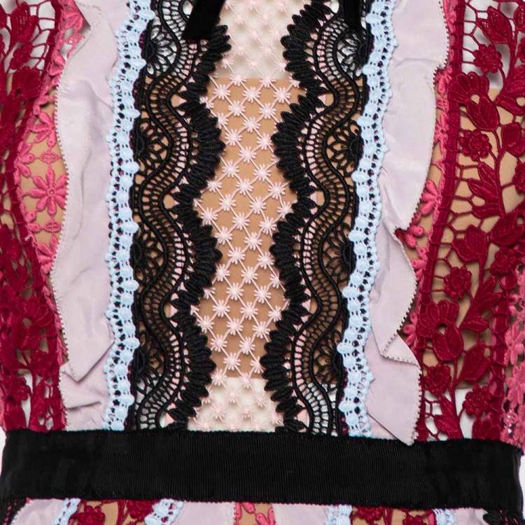 Pre Owned Self Portrait Multicolor Guipure Lace Ruffle Detail Mini Dress S