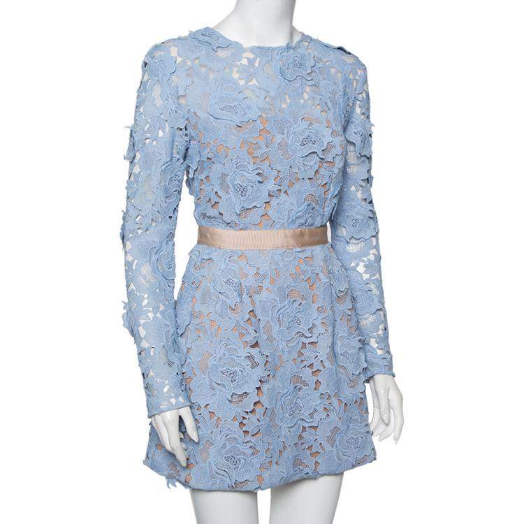Pre Owned Self-Portrait Blue Guipure Lace Peony Dress S