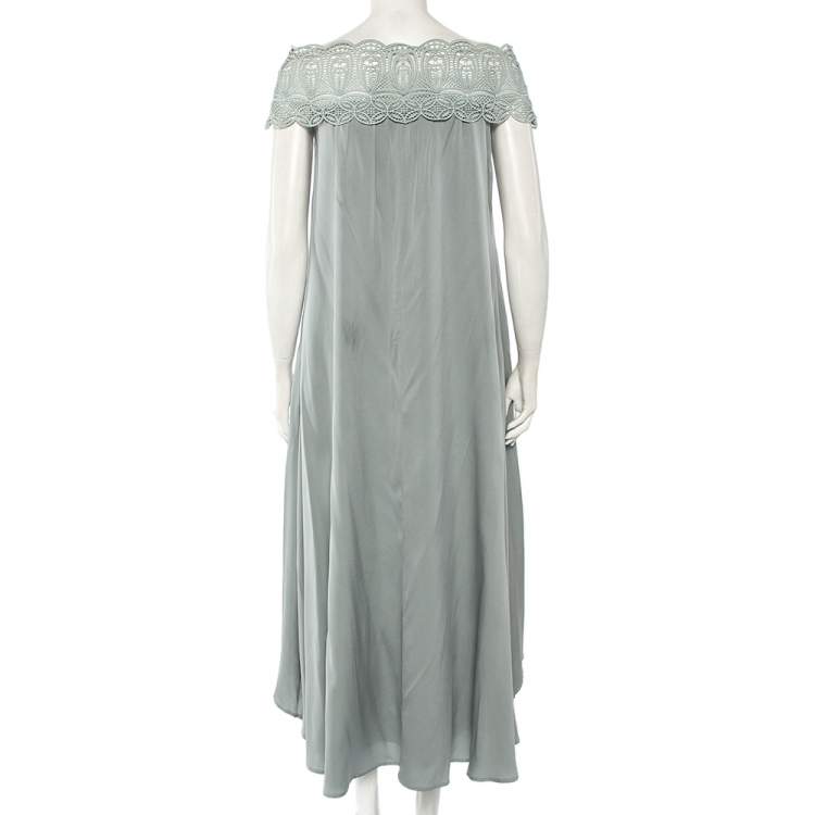 Pre Owned Self Portrait Grey Silk & Lace Trim Off Shoulder Bardot Dress S