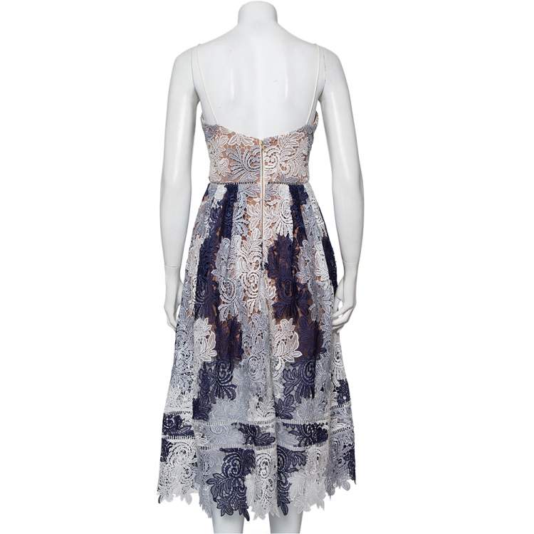 Pre Owned Self Portrait Navy Blue & White Lace Sleeveless Camellias Midi Dress M