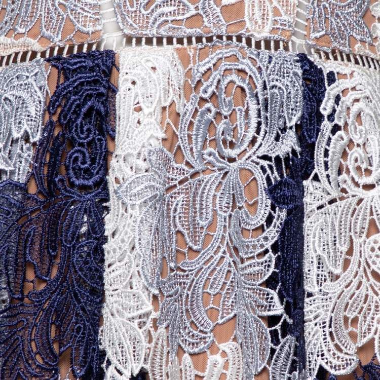 Pre Owned Self Portrait Navy Blue & White Lace Sleeveless Camellias Midi Dress M