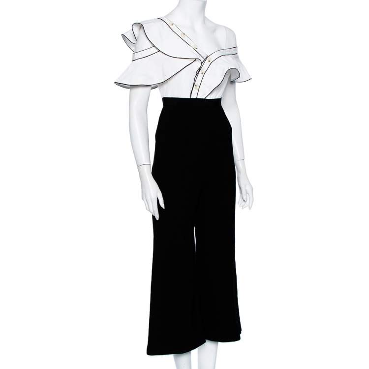 Pre Owned Self Portrait Monochrome Crepe Ruffled One Shoulder Jumpsuit S