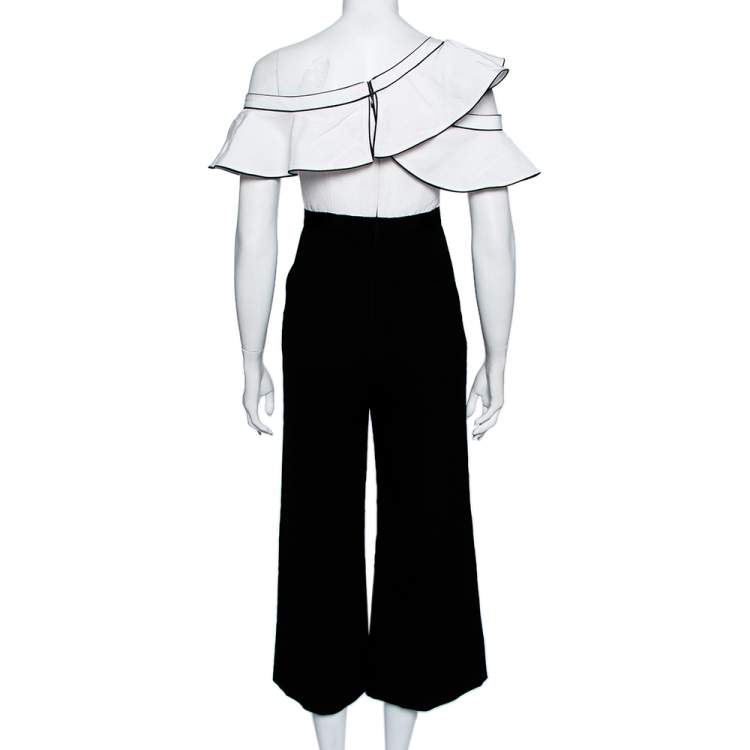 Pre Owned Self Portrait Monochrome Crepe Ruffled One Shoulder Jumpsuit S